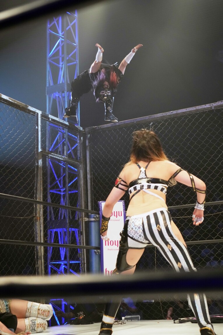 キッドの金網からのムーンサルト（クリックすると「この記事の写真」に飛びます。流血等の過激な写真を含みますのでご注意ください）