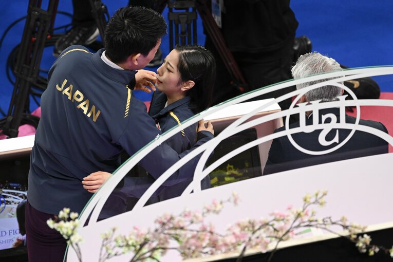 2023年世界選手権フリーの演技後、キスアンドクライにて　©Asami Enomoto