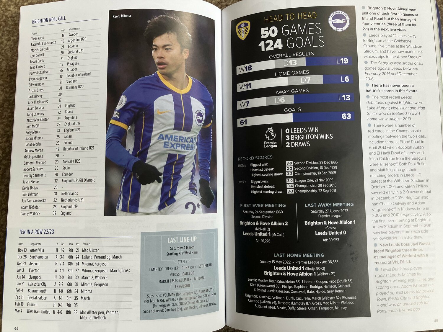 リーズ戦のマッチデープログラム。アウェイチーム（ブライトン）の主役として三笘薫をピックアップしている