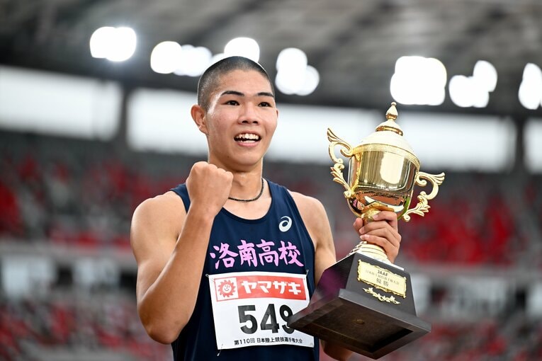 陸上日本選手権の男子400mハードルで史上初の高校生優勝を決めた洛南高2年の後藤大樹　©Asami Enomoto