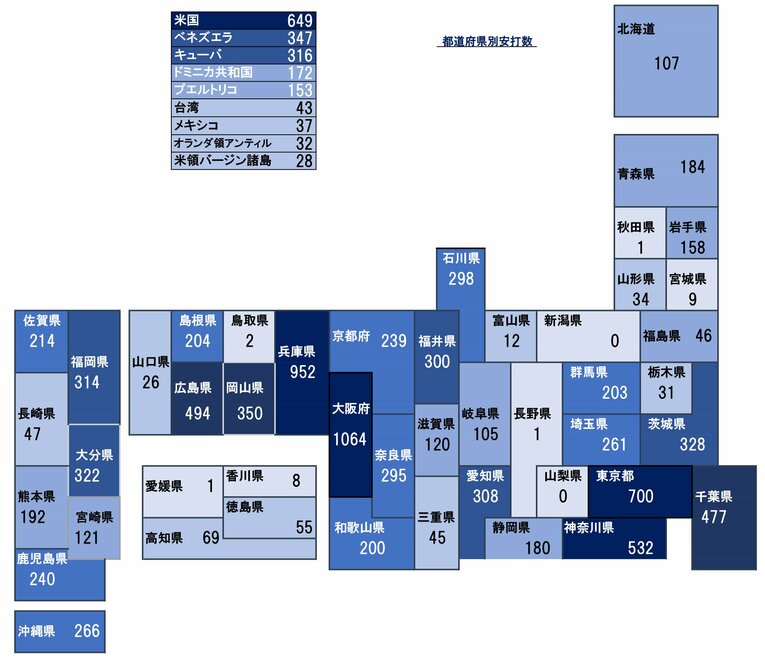 2020年版の「出身都道府県別安打地図」全国版©Kou Hiroo