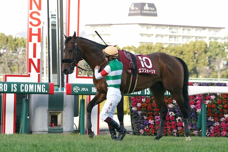 京都記念レース中に心房細動を発症したエフフォーリア。横山武史はゆっくりと馬を歩かせ、腹帯を解くなど適切な処置を行った　©Sankei Shinbun