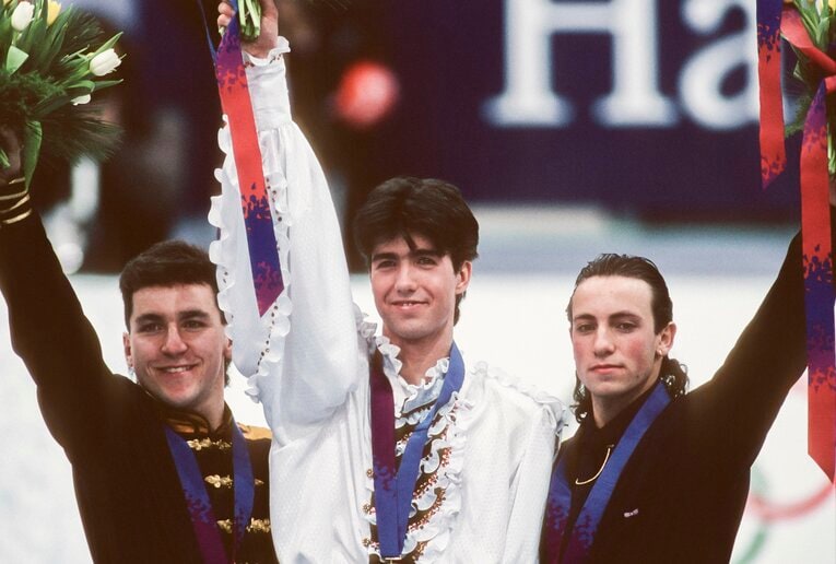 リレハンメル五輪表彰式。左から銀ストイコ、金ウルマノフ、銅キャンデロロ　©Getty Images