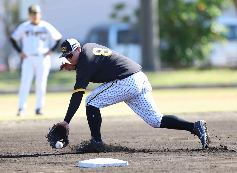 キャンプで守備練習に励む佐藤輝　©︎JIJI PRESS
