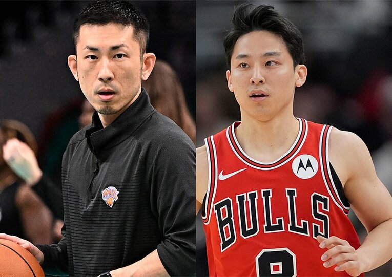 男子バスケットボール日本代表のアシスタントコーチに就任した吉本泰輔（44歳）。NBAで経験を積み、河村勇輝（右）らとの関係も深い ／ photograph by Getty Images