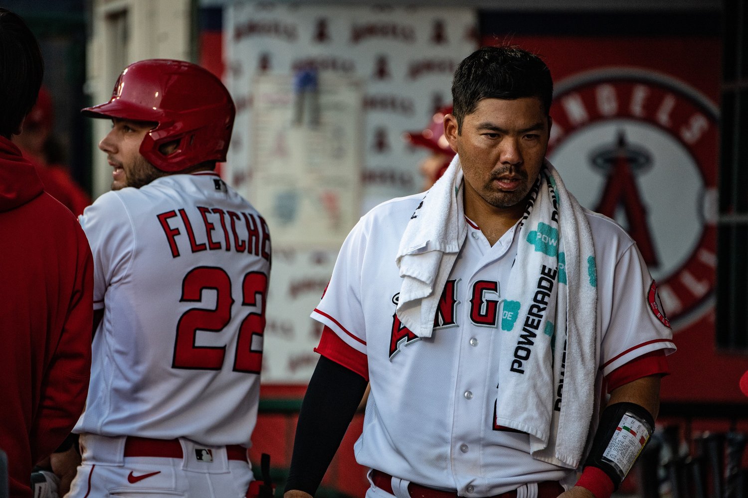 ベテラン捕手のカート・スズキも大谷に賛辞を送った。左は大谷と「1，2番コンビ」を組むフレッチャー