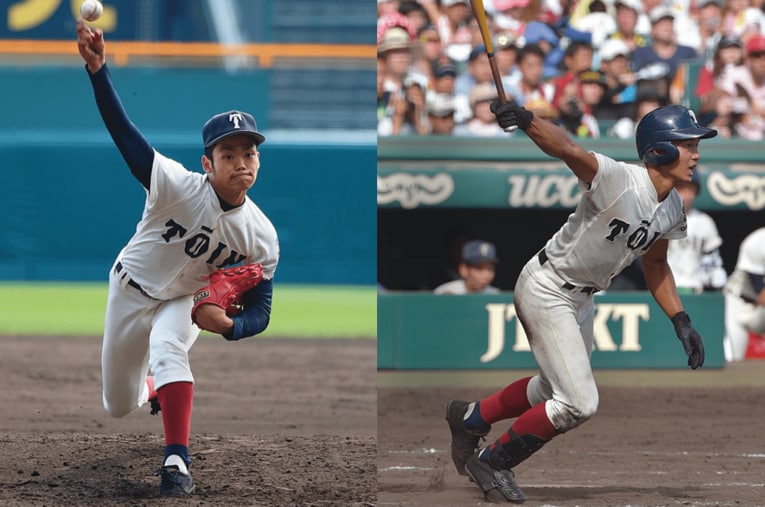 2018年に甲子園春夏連覇を達成した大阪桐蔭の根尾昂（左）と藤原恭大 ／ photograph by Katsuro Okazawa / Hideki Sugiyama