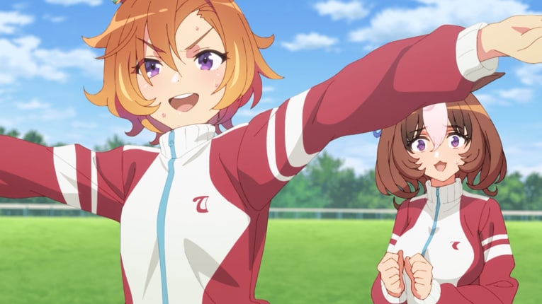 メイショウドトウ（右）の前で疲れを見せながらも気丈に振る舞うテイエムオペラオー　©Cygames, Inc.