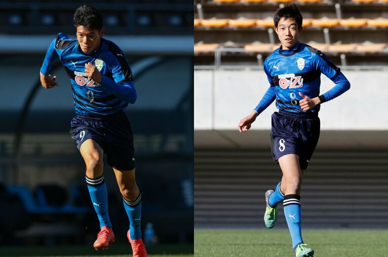 選手権でともに2ゴールを記録し、大津の決勝進出に貢献したFW小林俊瑛（2年・写真左）とFW碇明日麻（1年・写真右）。191cmの長身を誇る小林に加えて、186cmの碇も身長はまだまだ伸びていきそうだ ／ photograph by AFLO SPORT