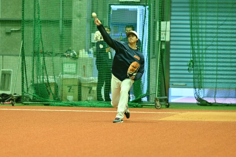 3月5日の公式練習でキャッチボールする大谷  ©︎Naoya Sanuki