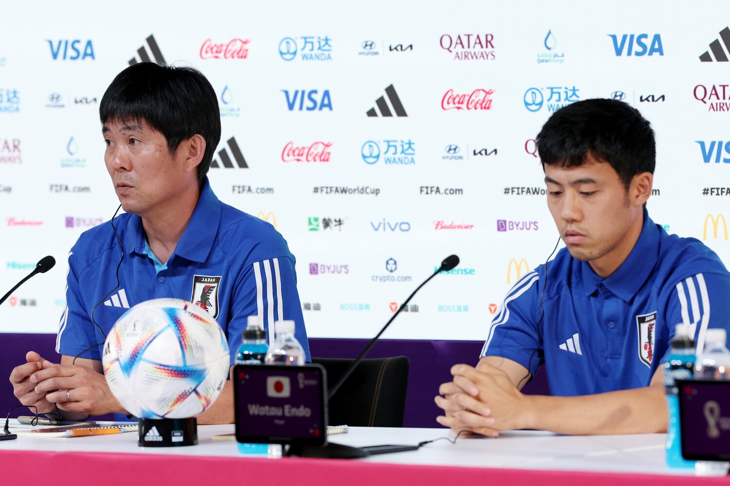 前日会見に出席した森保監督と遠藤航　©Getty Images