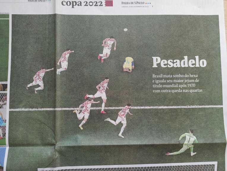 「クロアチア選手がPK戦でブラジルを対して歓喜」（日刊紙「フォーリャ・デ・サンパウロ」）©Hiroaki Sawada