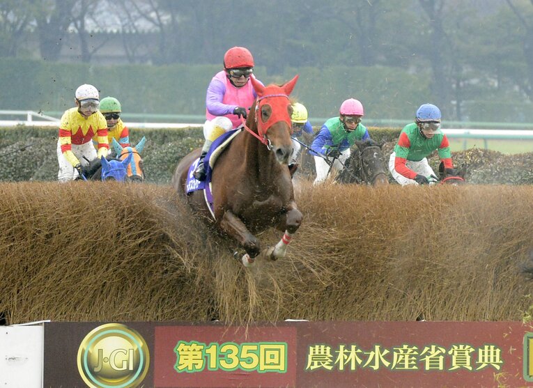 中山大障害でのマーベラスカイザーの飛越。熊沢重文は障害レースで抜群の安定感を誇った　©Sankei Shimbun