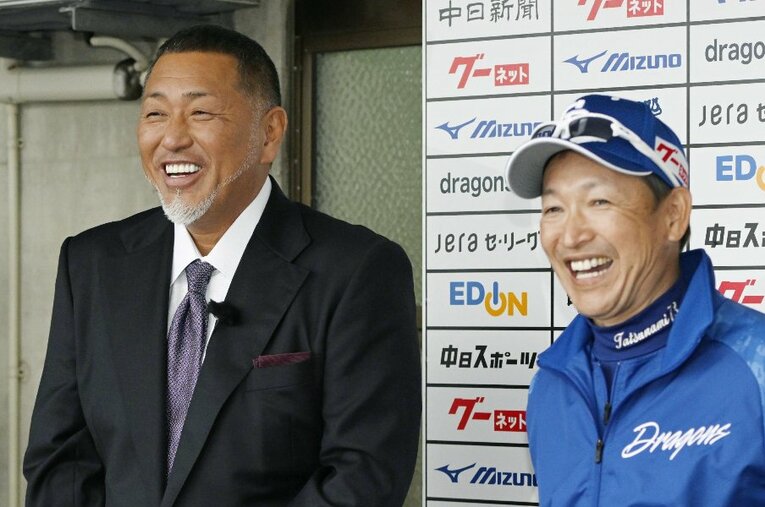 2年連続で中日キャンプを訪問した清原氏は立浪監督と並んで取材に応じた ／ photograph by KYODO
