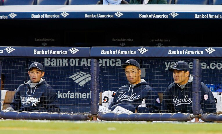 2014年、ヤンキース時代の（左から）イチロー、黒田、田中　©Getty Images