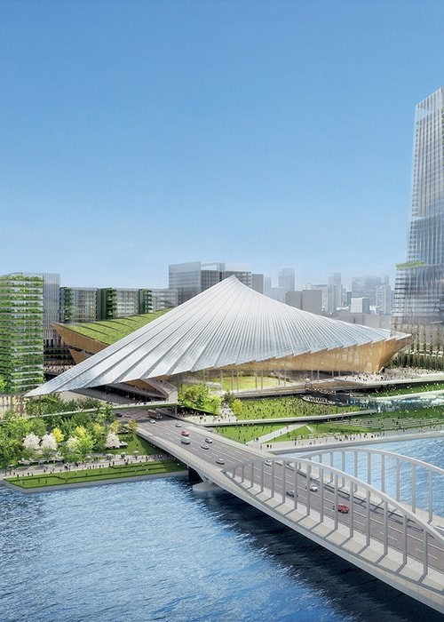 三井不動産が発表した築地市場跡地の再開発後の全体イメージ図。2030年代前半に大半の施設の開業を目指すという