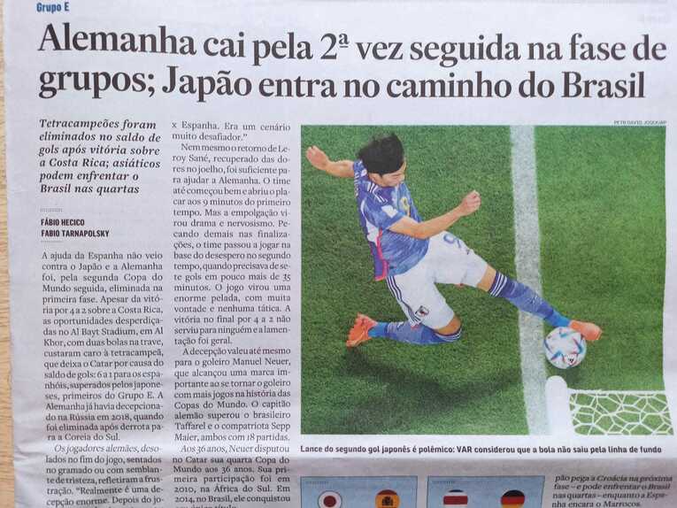 「ドイツが2大会連続でGS敗退。日本にはブラジルと対戦の可能性」（日刊紙『オ・エスタード・デ・サンパウロ』）