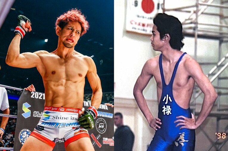 砂辺光久の現在と、ガリガリだった高校時代の写真。レスリングの世界では目立つ存在ではなかったが、格闘技にかける情熱は本物だった ／ photograph by RIZIN FF Susumu Nagao / Mitsuhisa Sunabe