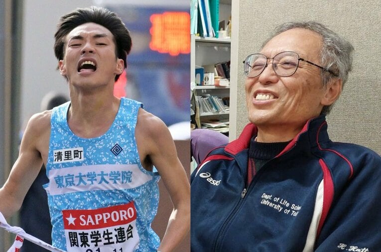 関東学生連合チームの9区を走った東大大学院の29歳・古川大晃（左）と給水員を務めた八田秀雄教授。なぜ大学院の教授が給水役になったのだろうか？ ／ photograph by (L)JIJI PRESS、(R)NumberWeb