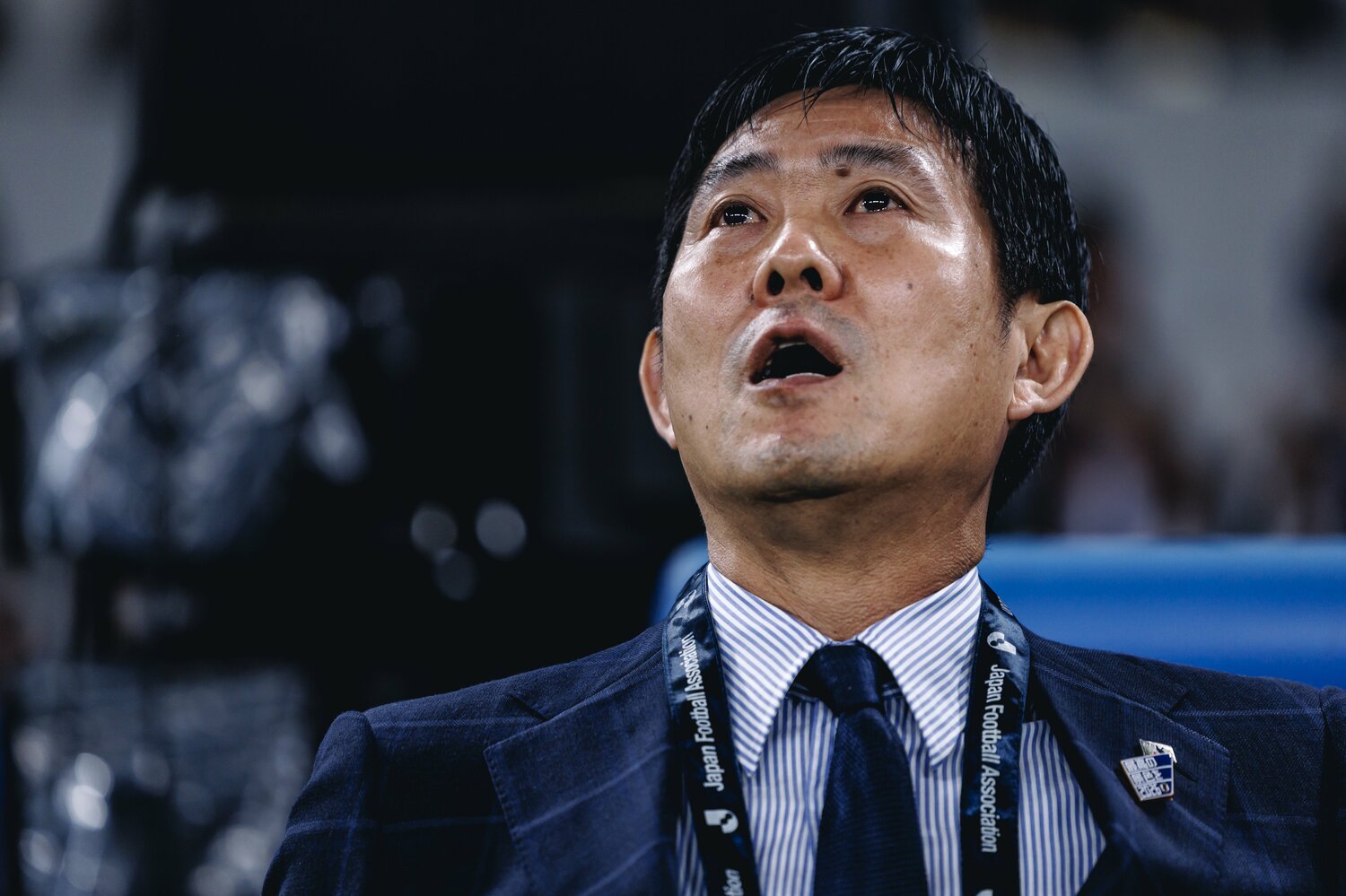 10月のブラジル戦、国歌斉唱で目に涙を浮かべる森保監督　©Kiichi Matsumoto