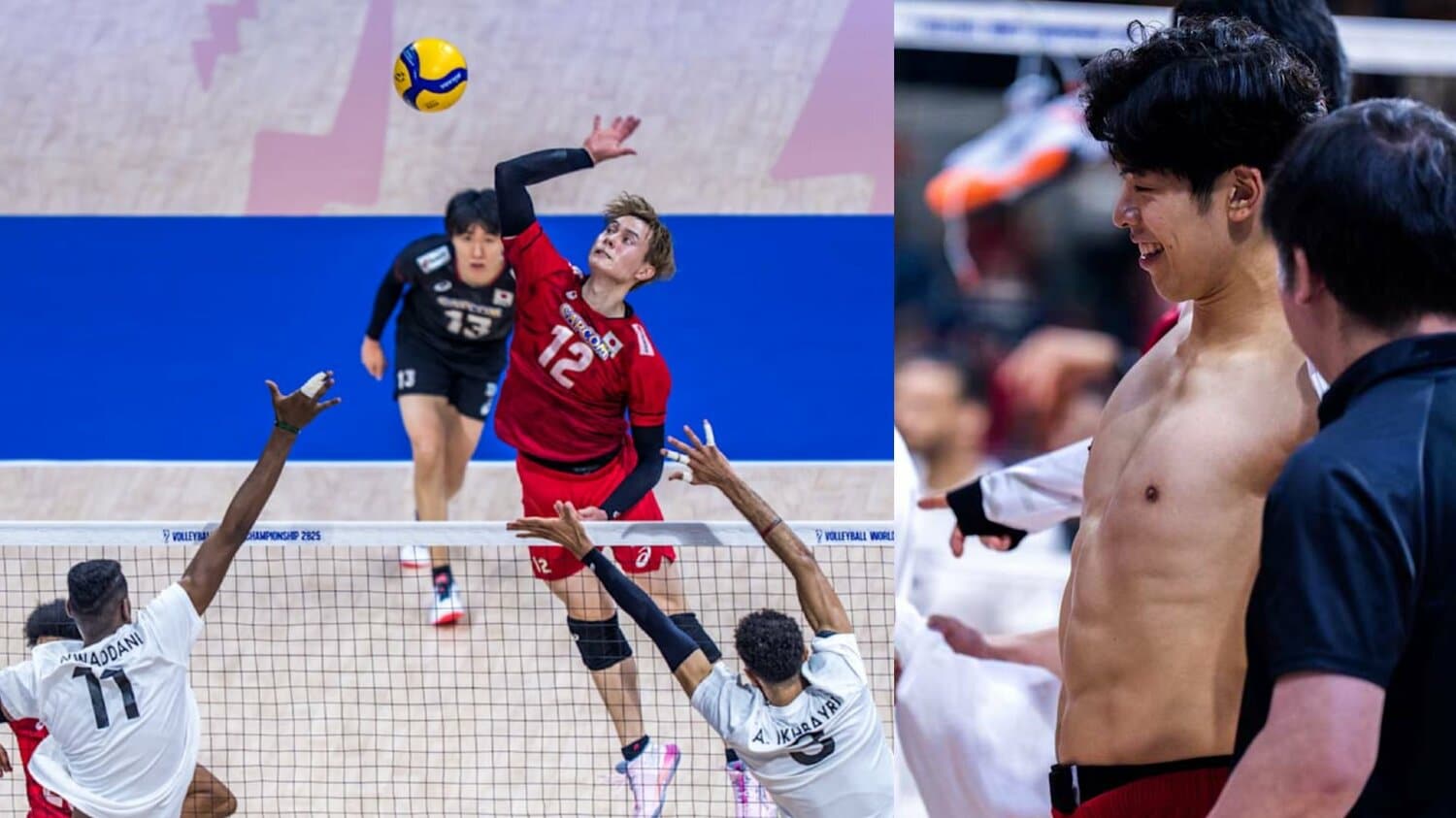 （左）リビア戦でアグレッシブなプレーを見せる高橋藍　（右）試合後のユニフォームを交換する姿が話題になった宮浦健人　©︎VolleyWorld