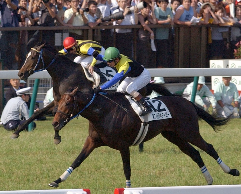 2004年日本ダービーでのキングカメハメハ(手前)とハーツクライ ©Kyodo News