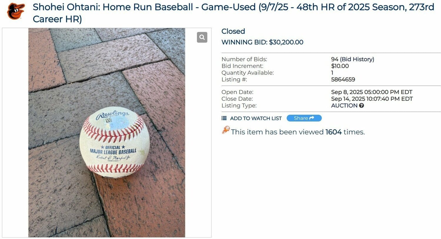 今季48号のホームランボール　※MLB Auctionのスクリーンショット