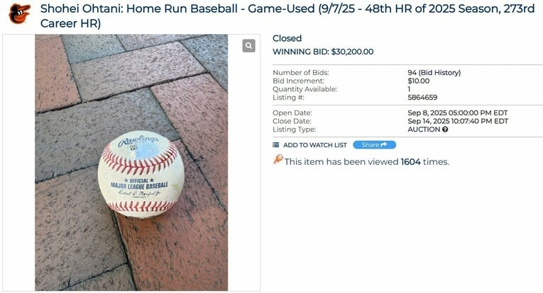 今季48号のホームランボール　※MLB Auctionのスクリーンショット