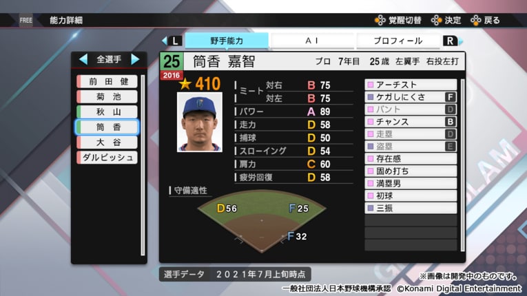 筒香美嘉野手・能力チャート（通常時）　©Konami Digital Entertainment