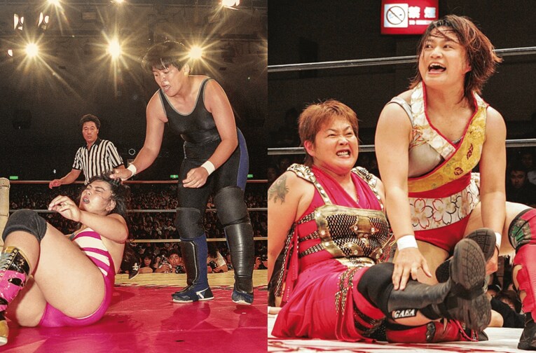 （左）全日本女子プロレス時代のライオネス飛鳥は、引退試合で立野記代と対戦（右）長与千種がGAEA JAPANでの引退試合で戦った相手は、愛弟子である里村明衣子だった ／ photograph by TOKYO SPORTS PRESS / Sankei Shimbun