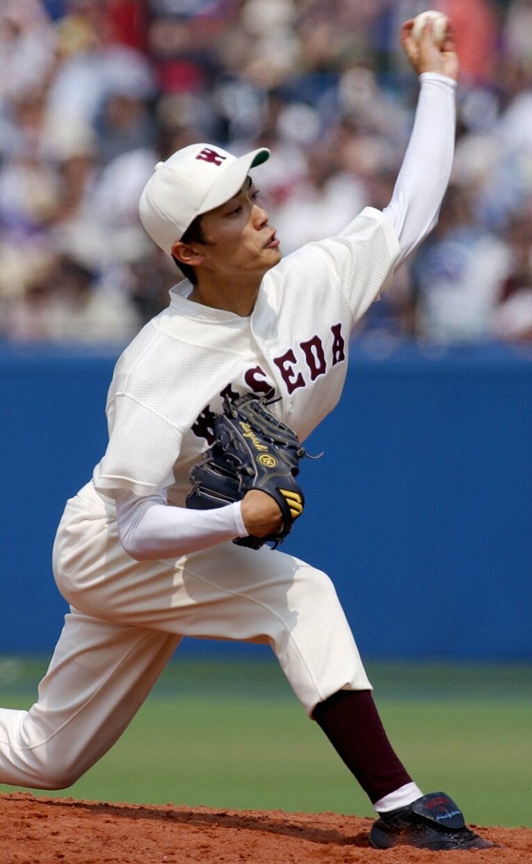 早大時代の和田毅。エースとして早大52年ぶりの春夏連覇を牽引し、六大学リーグ通算４７６奪三振をマークした　©︎JIJI PRESS