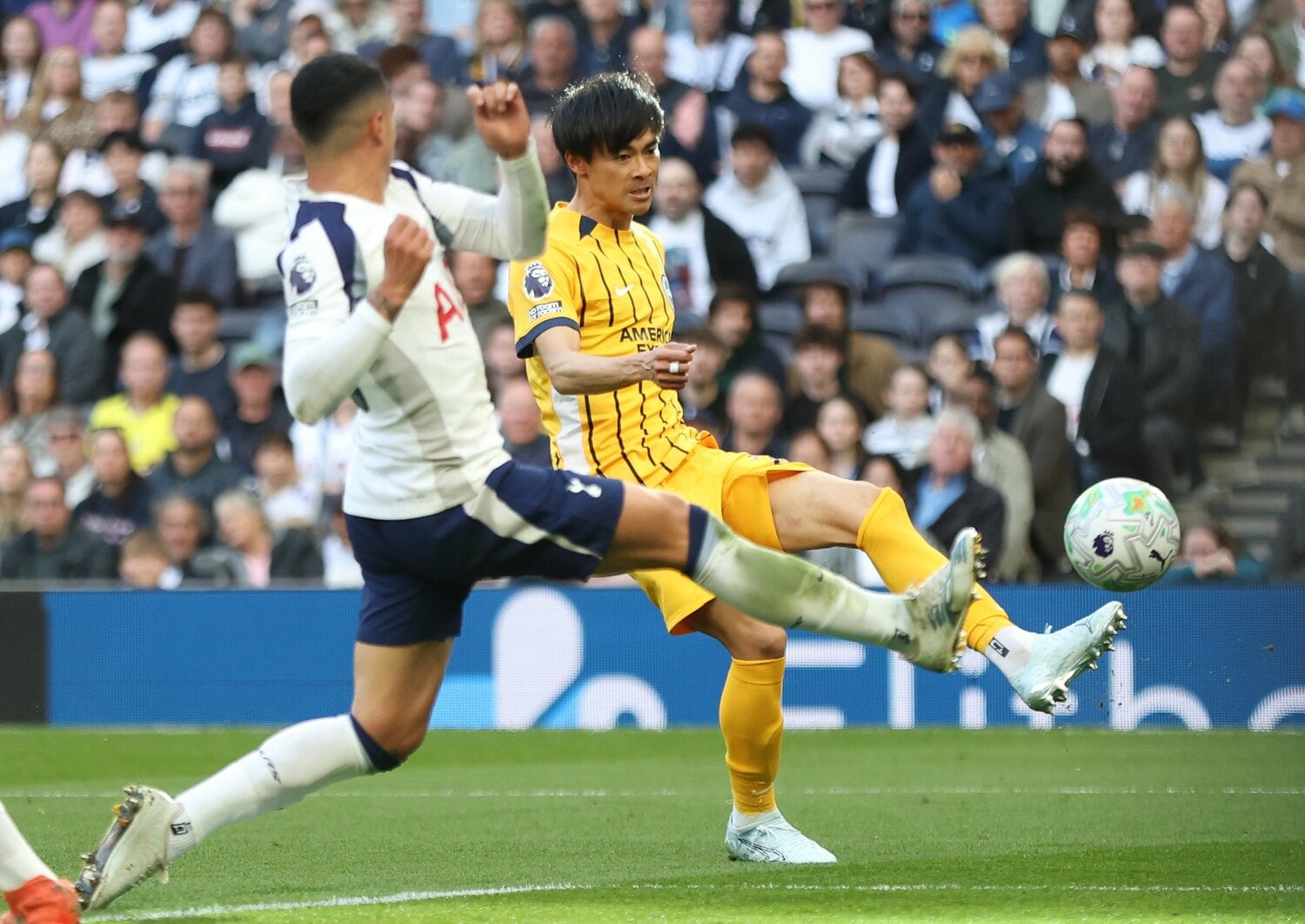 4月18日、トッテナム戦での三笘薫のスーパーゴール【2枚目／全4枚】。左足で完璧に合わせた　©Getty Images