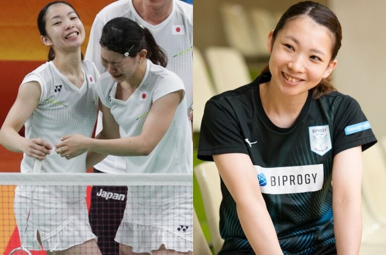 リオ五輪で金メダルを獲得した松友美佐紀。現在も現役でプレーを続ける彼女にインタビューした ／ photograph by L)JIJI PRESS、R)Miki Fukano