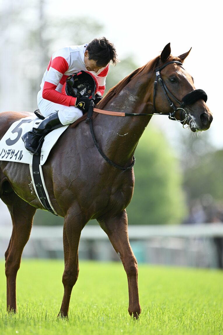 ダノンデサイルのウイニングラン。脱帽してスタンドに一礼する横山典弘　©Keiji Ishikawa