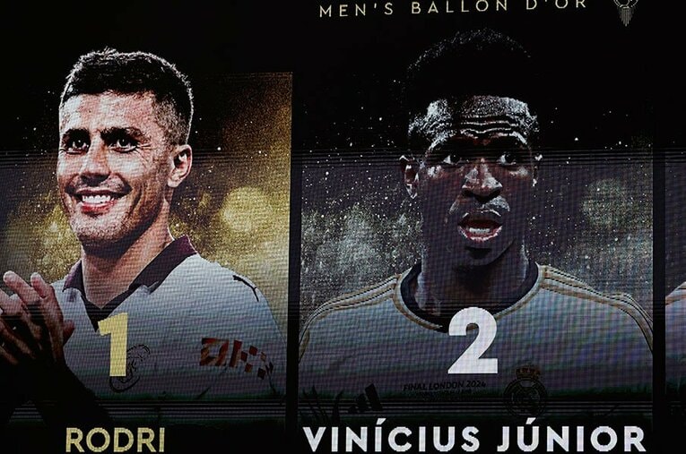 2024年のバロンドールは1位ロドリ、2位ビニシウスという結果に。レアル・マドリーは表彰式をボイコットした　©AFP/JIJI PRESS