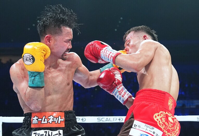 9回、比嘉大吾の左フックで堤聖也がダウンした瞬間（1枚目／全2枚） ©Naoki Fukuda