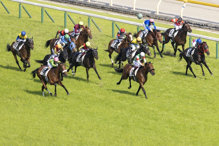 「外にモタれた」サトノレイナス（桃帽）の内を通ってエフフォーリア（白帽）をマークするシャフリヤール（黄帽）　©Photostud