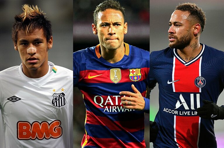 サントス、バルサ、PSG…所属クラブでスーパープレーを見せるネイマールだが、トラブルも多い ／ photograph by Takuya Sugiyama(L)/Getty Images(C,R)