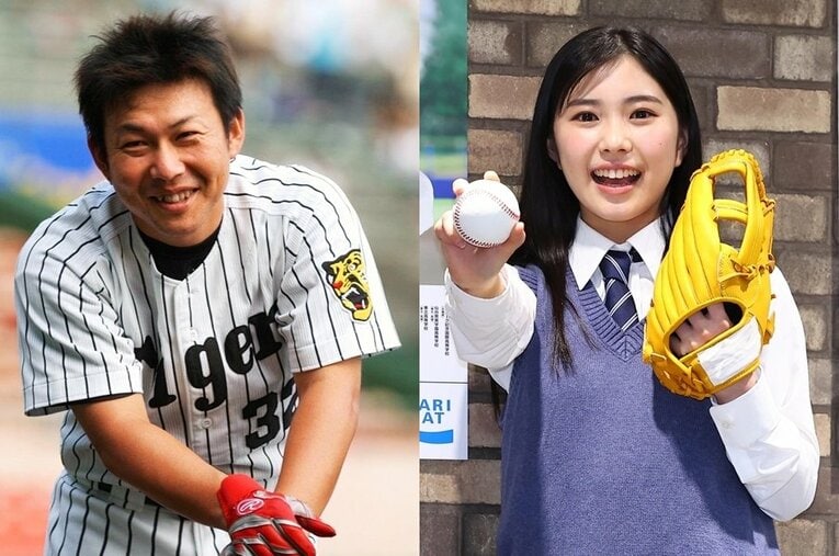 現役時代の阪神・久慈照嘉と愛娘の愛。目元の表情がそっくり？ ／ photograph by JIJI PRESS / SANKEI SHIMBUN