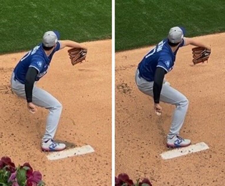 4月5日、フィラデルフィアでの投球練習時。左の写真が投球板の一塁側、右の写真が真ん中を踏んでいる　©Naoyuki Yanagihara