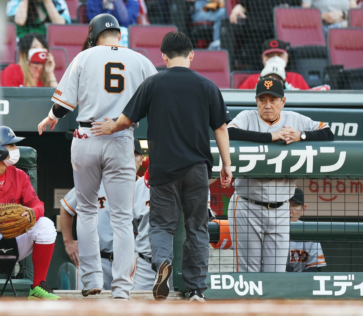 6月23日の広島戦で負傷しベンチに下がる坂本と心配そうに見つめる原監督　©︎JIJI PRESS
