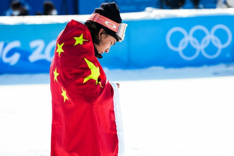 ビッグエアで金メダルを確定させ、感無量の表情を見せるシャオミン　©Getty Images