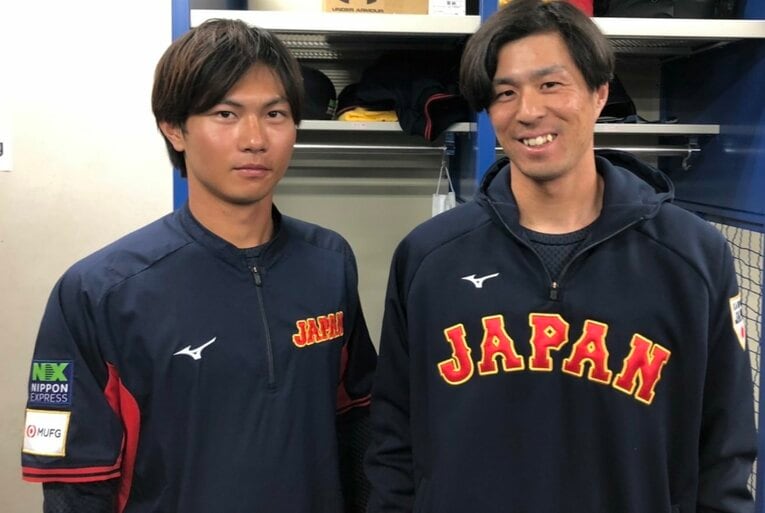 侍ジャパンの壮行試合でサポートメンバーとして参加した藤原恭大と岡大海　©︎Chiba Lotte Marines