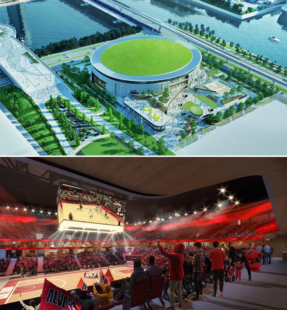 2025年秋に東京・お台場で開業する多目的アリーナの外観（写真上）と内部のイメージ　©トヨタ自動車／JIJI PRESS