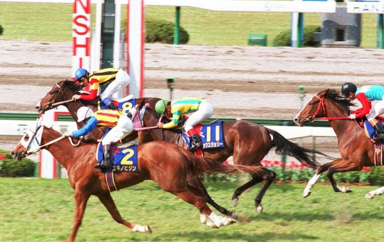 桜花賞はクビ差の2着（一番手前の白帽）©Sankei Shimbun