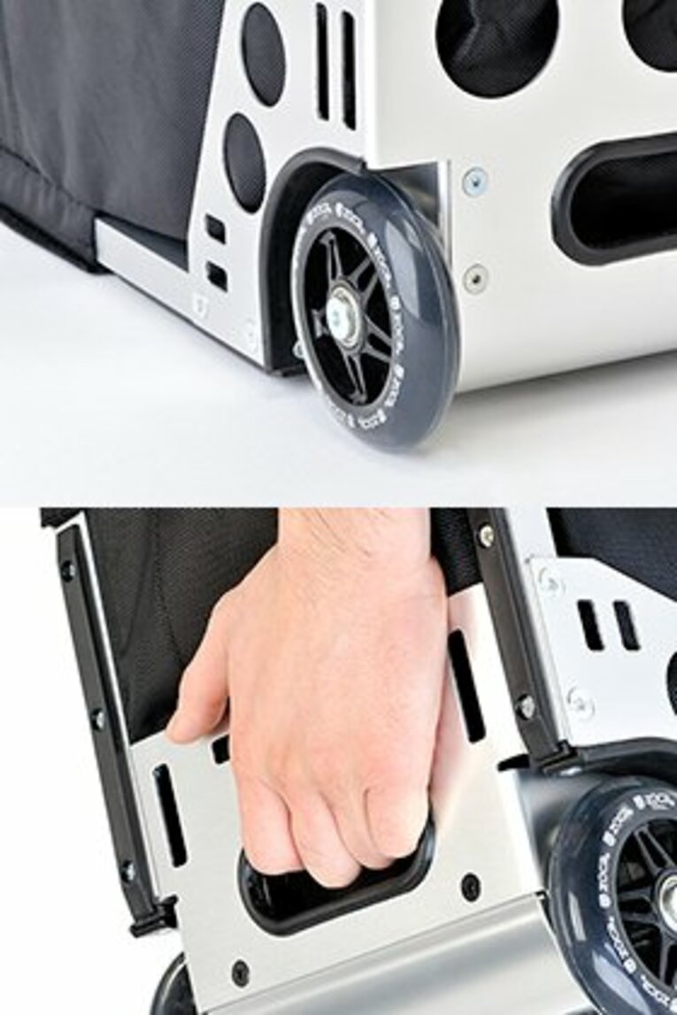 【写真上】 4インチのポリウレタンホイールを採用。歩道の段差はもちろん、階段の登りも楽々クリアする。
【写真下】 軽くて丈夫なアルミフレームには、上部、後部、下部に取っ手が装備。飛行機やクルマのラゲッジスペースへの出し入れが容易だ。 