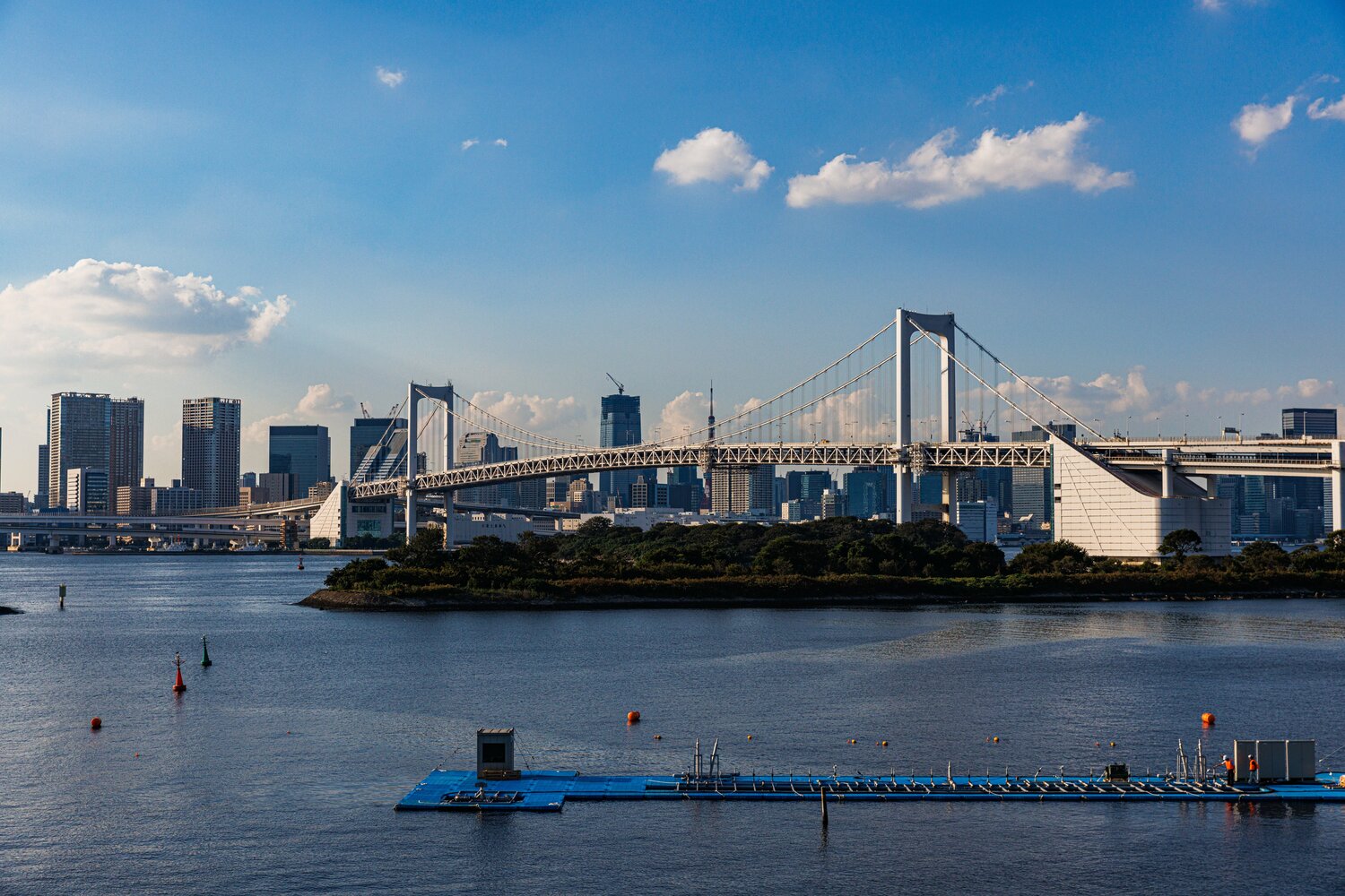 お台場からレインボーブリッジを望む。手前がいまも方形の姿を残す第6台場