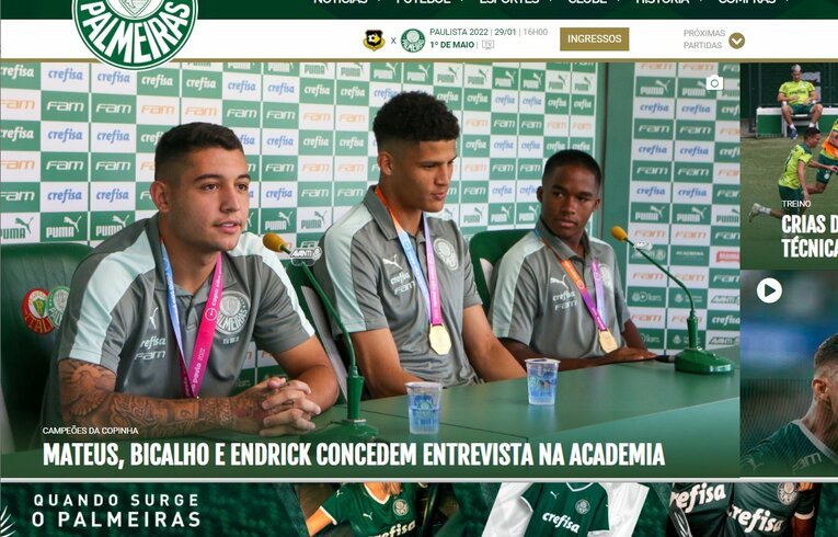 パルメイラスの公式サイトでもエンドリッキはインタビューを受けている　※クラブ公式ホームページのスクリーンショット