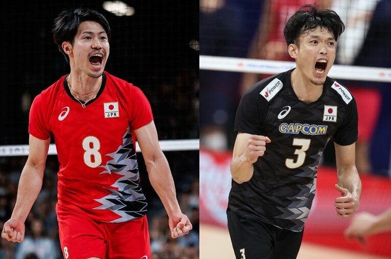 セカンドセッターとしての役割を全うする深津旭弘（右）。絶対的な存在だった関田誠大に対し、その人選はブラン監督の頭を悩ませた　©L）Volleyball World、R）Takahisa Hirano