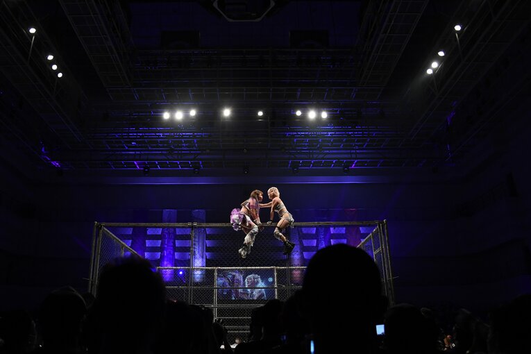 ケージ最上部での危険な戦いも